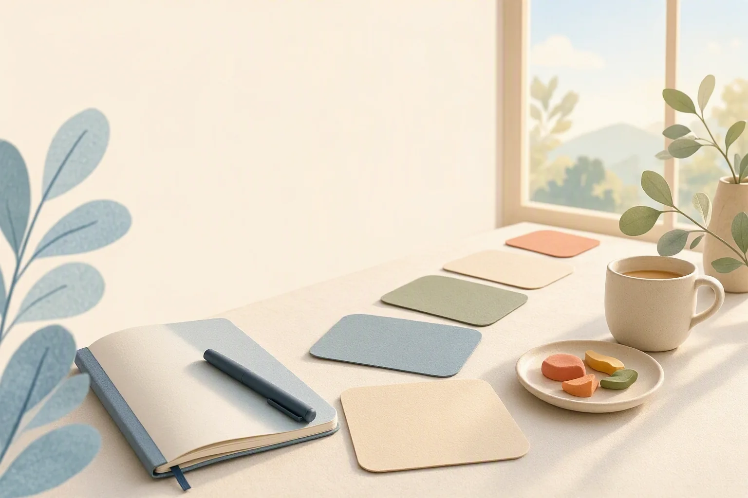 A calm notebook, cup, plate, and plant arranged on a sunlit desk