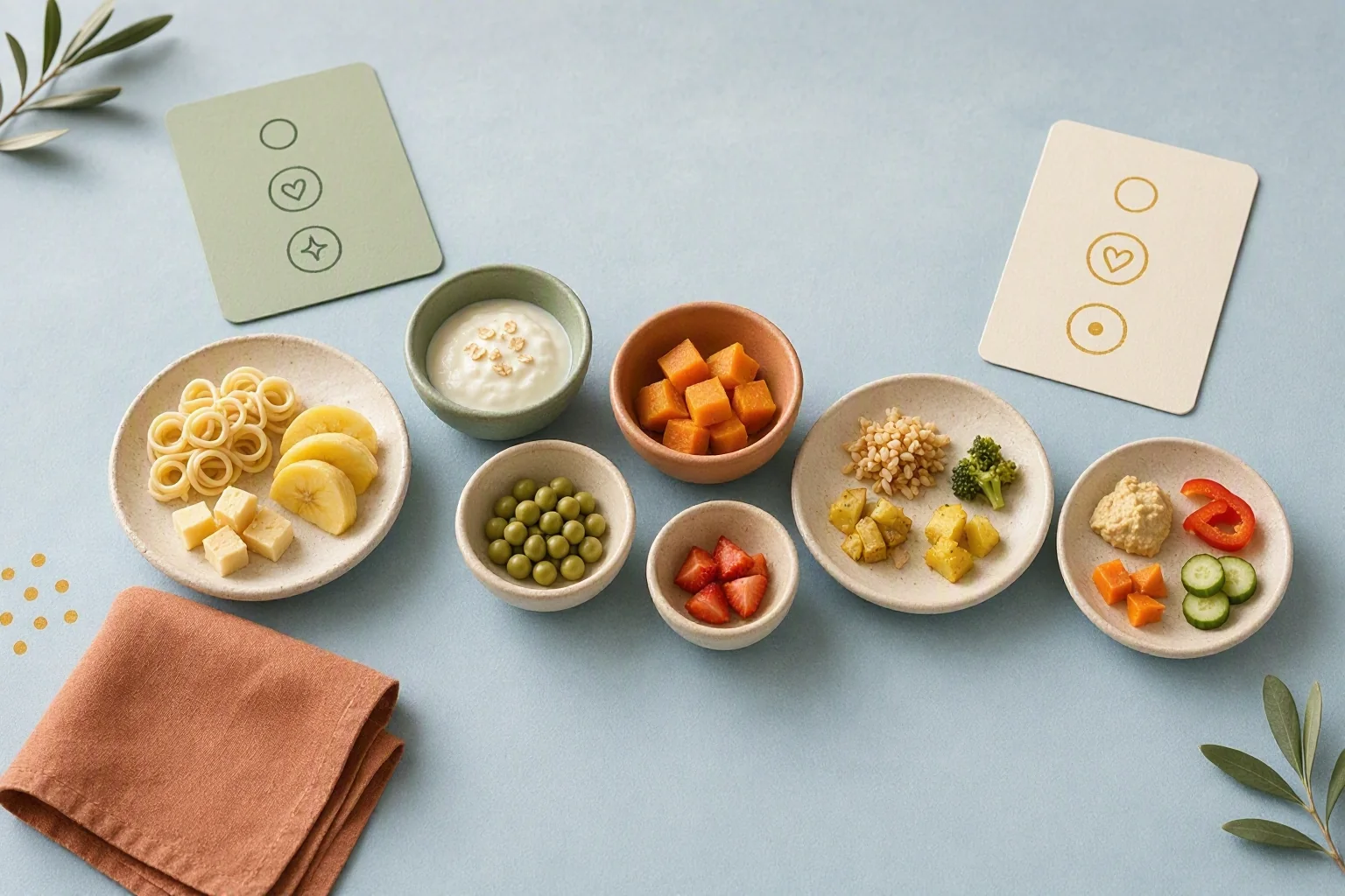 Small bowls and plates arranged in a gentle progression of familiar and new foods